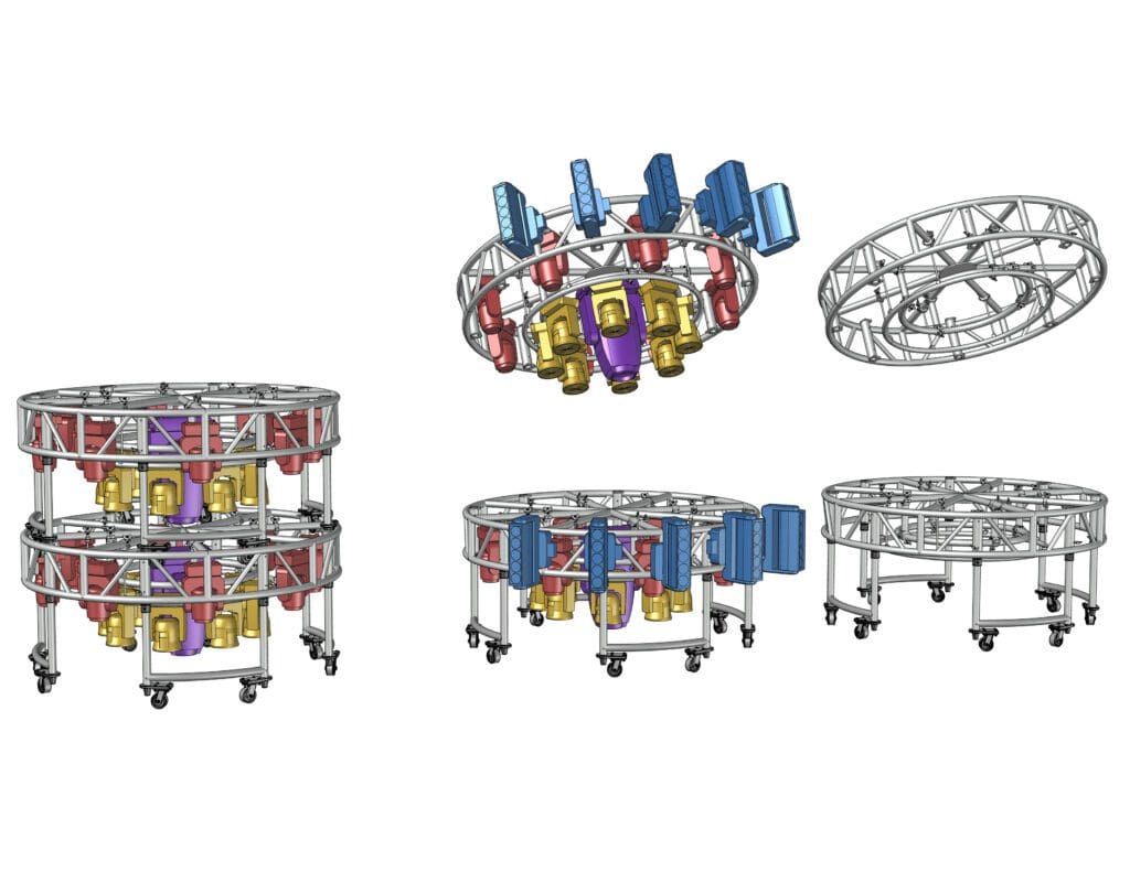 Five variations of a colorful circular robot with multiple arms.
