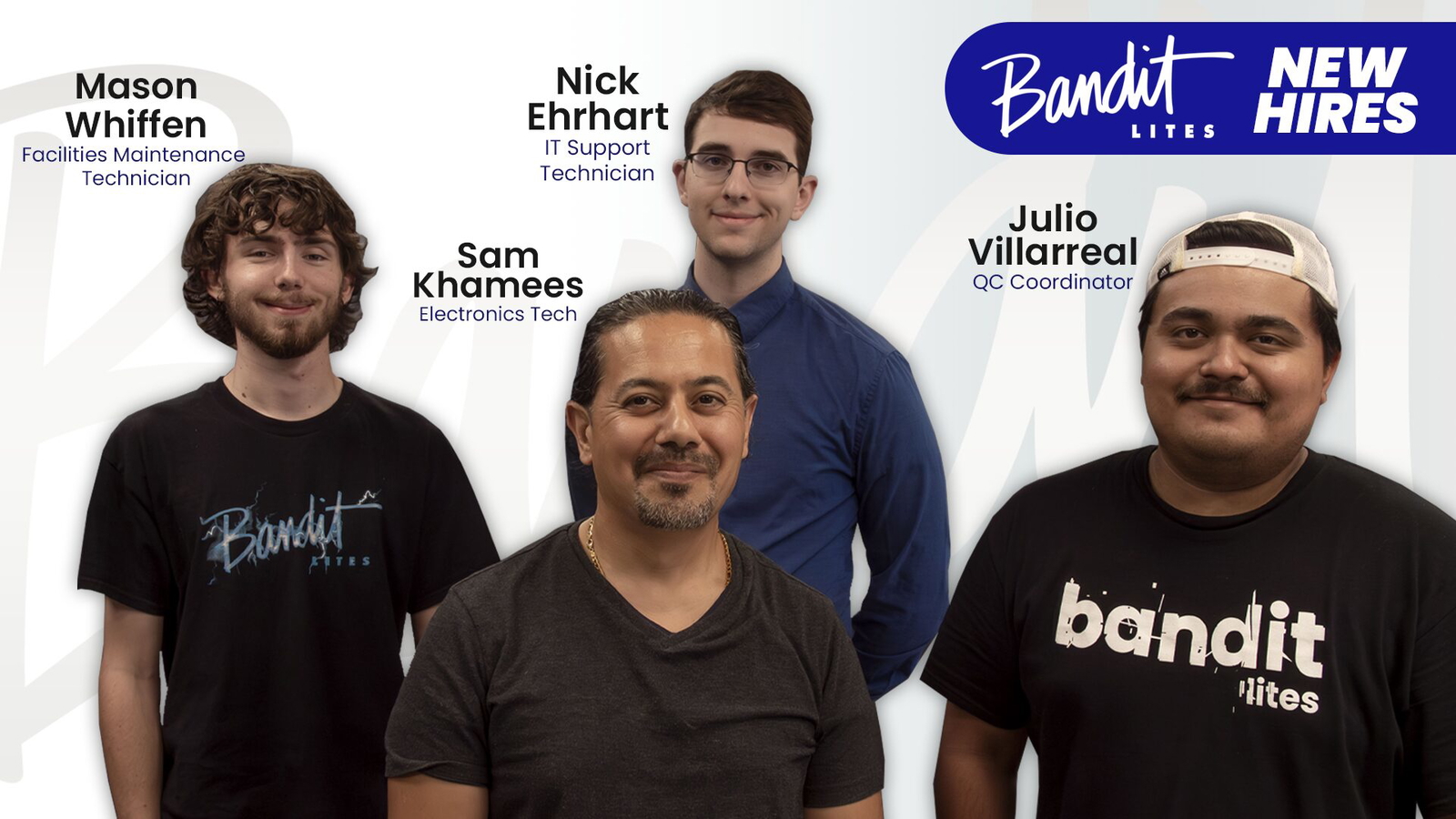 A group of four men posing for a photo with their names and roles labeled.