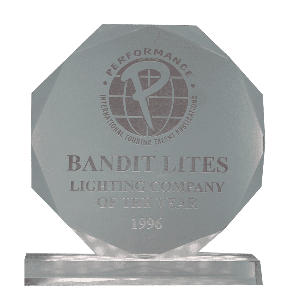 Crystal award trophy with engraving for Bandit Lites Lighting Company, 1996.
