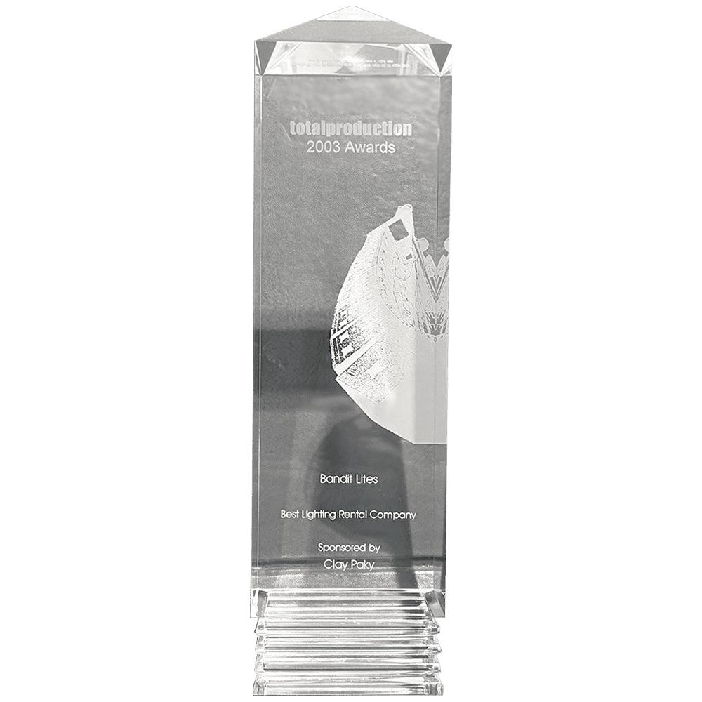 Clear acrylic award with etched text and logo.