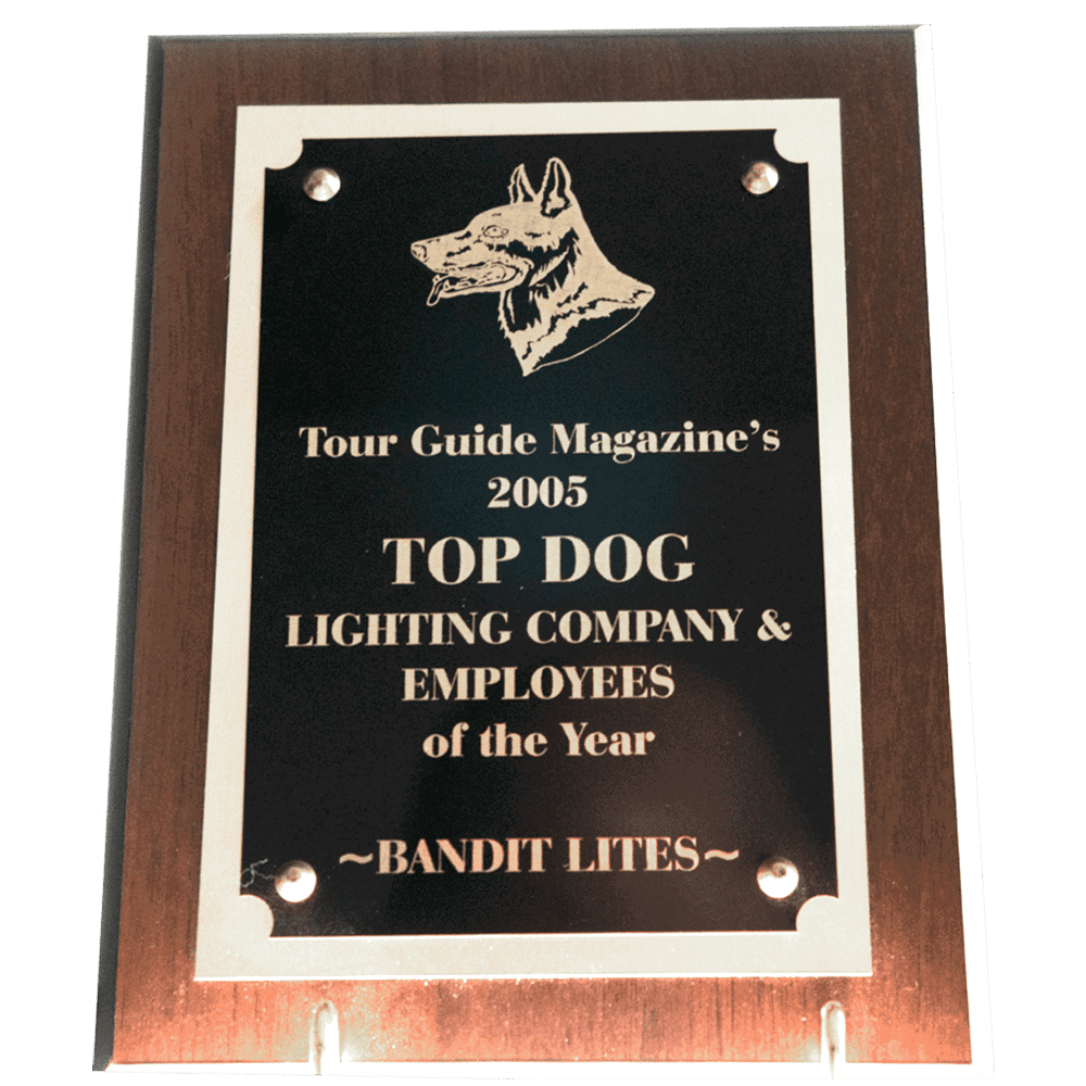 Award plaque for Top Dog Lighting Company J, Employee of the Year 2005.