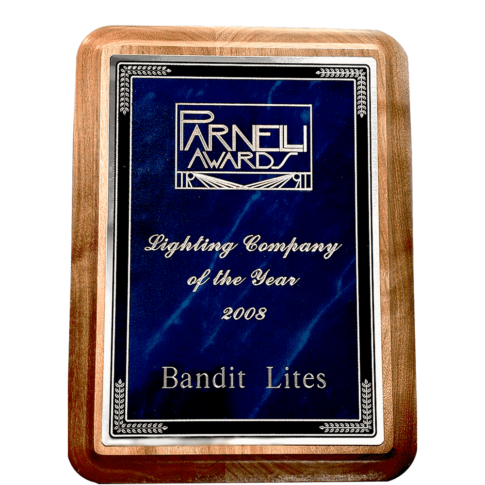 Blue and gold award plaque for Bandit Lites, 2003.