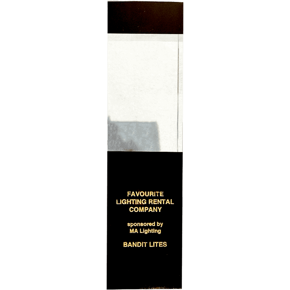 A simple black and white card with gold text listing favorite foods and drinks.