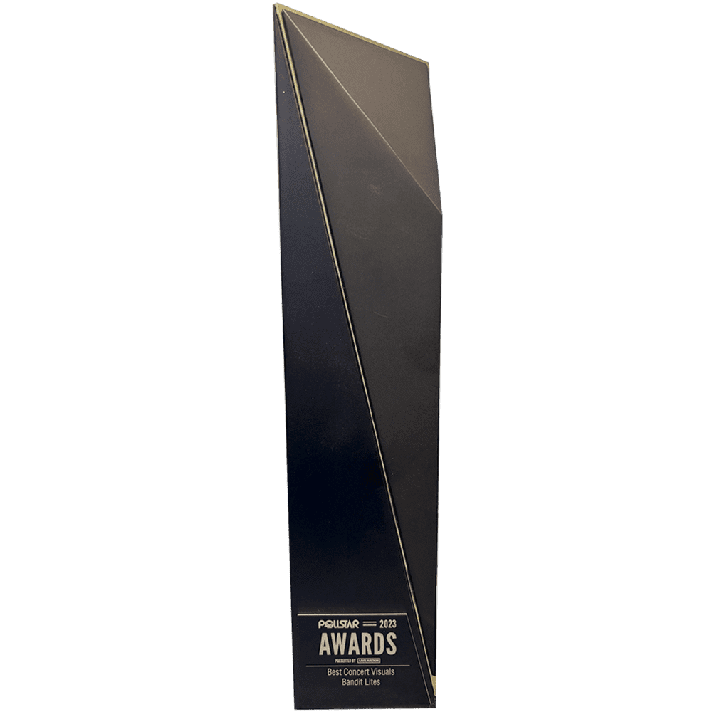 Tall, sleek black award trophy with geometric design.