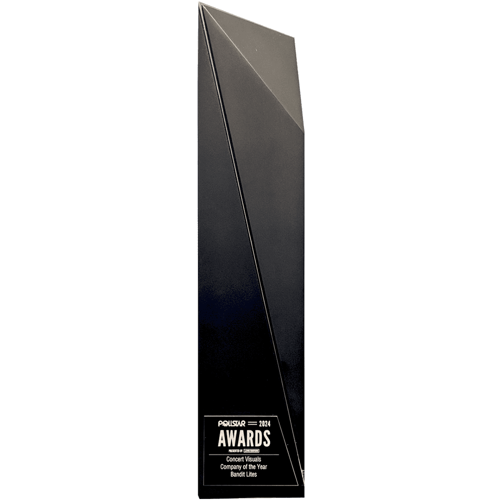 Tall black award trophy with geometric design and 'Awards' text.
