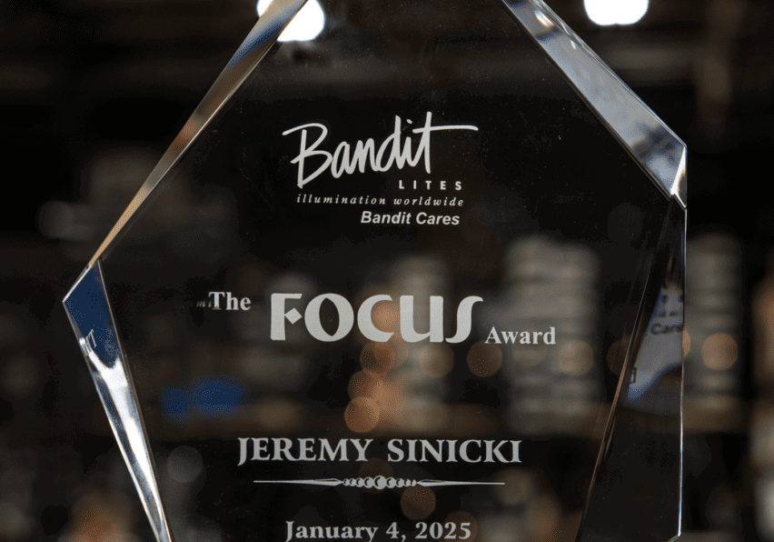 Crystal award engraved with 'Bandit' and 'The Focus Award' given to Jeremy Sinicki. Crystal award engraved with 'Bandit' and 'The Focus Award' given to Jeremy Sinicki.