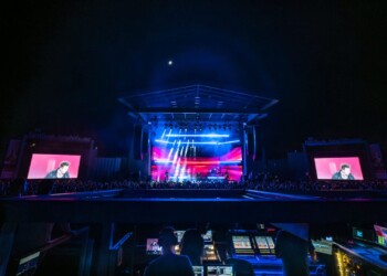 A vibrant concert stage illuminated with colorful lights in a dark venue.